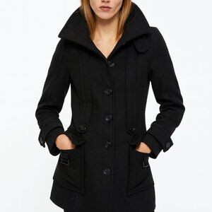 ZARA BASIC Black Wool Blend Peacoat Womens, Fitted Classic Trench Style Coat (S)